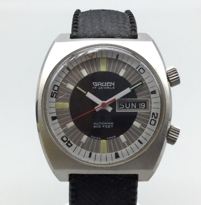 #ad Vtg Gruen Autowind Diver Super Compressor Watch Men 600 Feet Day Date Automatic $1299.99