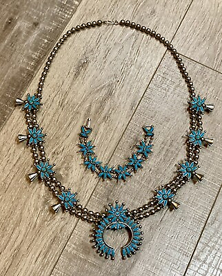 #ad PAIR Tribal Style Blue Turquoise Tone Blossom NECKLACE BRACELET Costume Jewelry $45.00