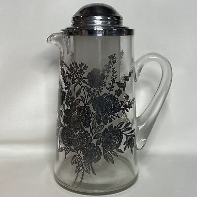 #ad Sterling Overlay Glass Pitcher Vintage MCM With Ice Compartment. Flowers Floral $52.00