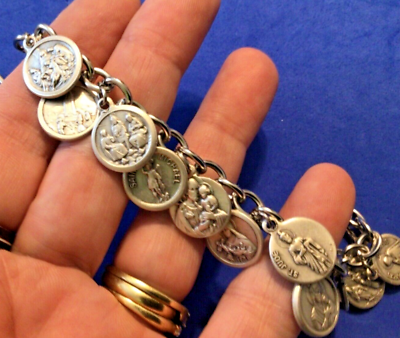 #ad Handmade Saint Medal Charm Bracelet Lot Stainless Steel Chain 7.5” Saints Custom $39.98