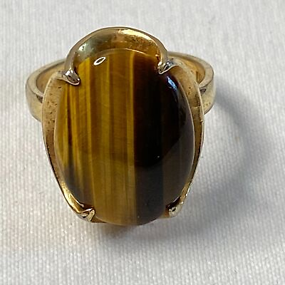 #ad Vintage Yellow Silver SS 825 Ring Oval Tigers Eye Stone $49.00
