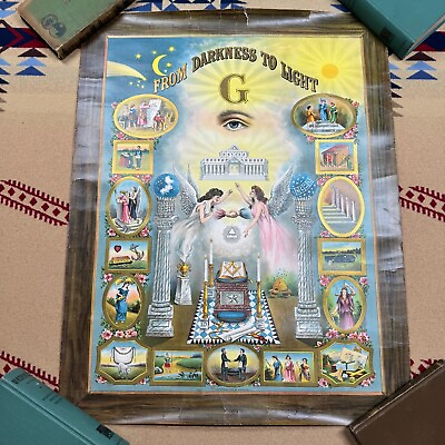 #ad Vintage Free Mason From Darkness To Light Poster Grand Lodge BC MW Hazen 28x21 $50.00