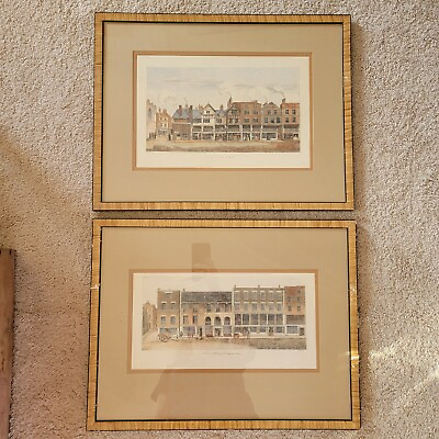 #ad vintage etching etched drawn framed Street scene Chester set 2 Batenham colored $186.00