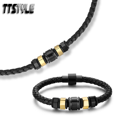 #ad TTStyle Black Leather S.Steel Magnet Buckle Collar NecklaceBracelet Black Gold AU $46.99
