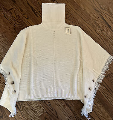 #ad NEW Zoey Turtleneck Knit Fringe Button Poncho Ivory One Size NWT $31.99