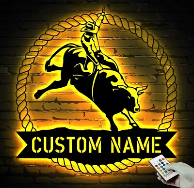 #ad Personalized Bull Rider Metal Wall Art LED Light Custom Rodeo Name Sign Decor $79.99