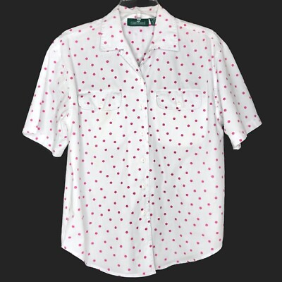 #ad Cabin Creek Womens Blouse Size M Short Sleeve Button Front White Pink Polka Dot $12.97