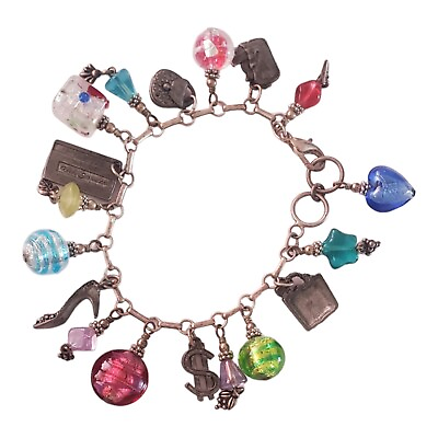 #ad Vintage Charm Bracelet Silvertone Glass Shopping Money Heels 8quot; $50.00