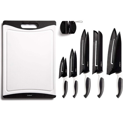 #ad 12 PC KITCHEN KNIFE SET 5 Black KNIVES w Sheaths SHARPENER CUTTING BOARD $22.00