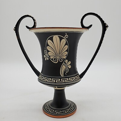 #ad Vintage Hand Made in Greece Greek Gods Black Urn Two Handled Vase #277 $32.00