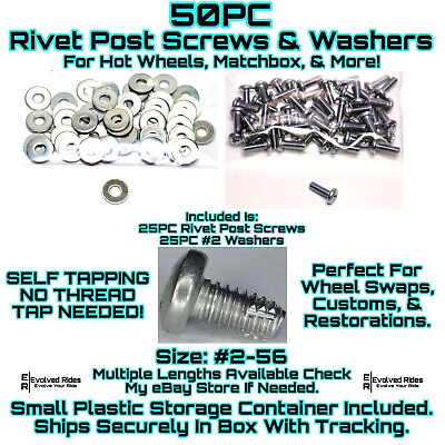 #ad 50pc 1 4th 2 56 Rivet Screw Self Tapping Hot Wheels Matchbox Custom Restoration $6.29