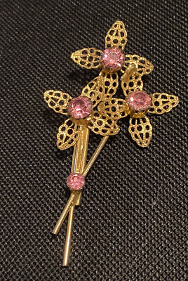 #ad Vintage Pink Rhinestone Open Work Gold Tone Floral Brooch $20.00