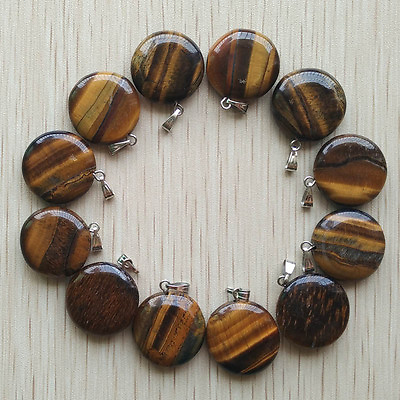 #ad Wholesale 12pcs lot Natural Tiger Eye Stone Round Pendants Charms Silver P Beads $8.54
