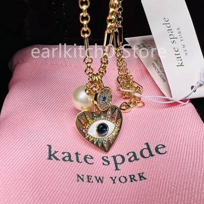 #ad NWT Kate ks Spade Crystal Pearl Evil Eye Heart Pendant Necklace w Dust Bag $23.99