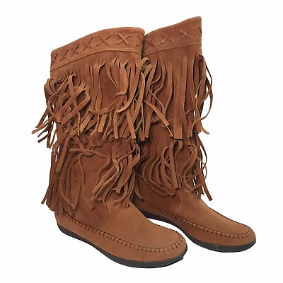#ad Rampage Womens 8.5M Cantrell Brown Fringe Pull On Boot Mid Calf Boho Hippie 70s $12.95