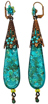 #ad Michal Negrin Earrings Turquoise Green Retro Crystal Flowers Dangle Drop Vintage $119.00