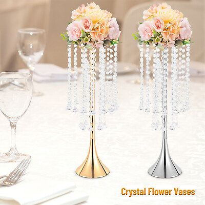 #ad 2pc Crystal Flower Vases Gold Silver Flower Stand for Wedding Table Centerpieces $34.91
