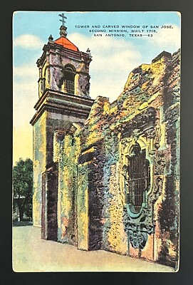 #ad 1945 Mission San Jose Tower amp; Carved Window San Antonio Texas Postcard Unposted $7.99