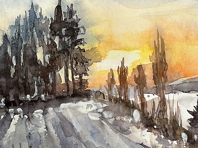 #ad Original Watercolor Painting A4 Sunset winter forest snow field gift Christmas $47.00