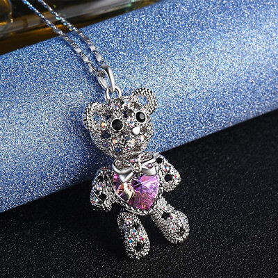 #ad 925 Sterling Silver I Love you Heart Pink Rhinestone Teddy Bear Pendant Necklace $19.74
