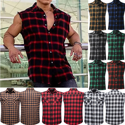 #ad Men Plaid Shirt Vest Button Down Shirts Sleeveless Tops Double Pocket Top Solid GBP 16.19
