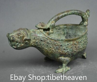 #ad 8.8quot; Rare Old China Bronze Ware Dynasty Palace Portable Dragon Beast Wine Vessel $175.56