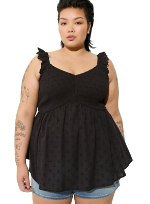#ad Torrid Women#x27;s Babydoll Cotton Clip Dot Smocked Bodice Tank Black Plus Size 1X $20.00