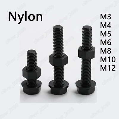 #ad Black Nylon Hexagon Head Screws With Hex Nut Flat Washers M3 M4 M5 M6 M8 M10 M12 $11.96