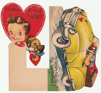 #ad 1950s Yellow Hot Rod Valentine Card YOU MAKE MY HEART SPIN Die Cut Foldable $12.00