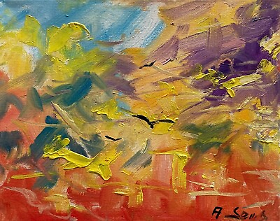 #ad LANDSCAPE Original Oil Painting Impressionist Sunset Birds Clouds npd $35.70