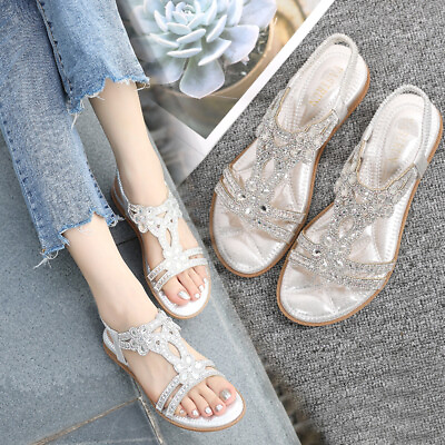 #ad Womens Bohemian Rhinestone Flower Sandals Summer Fashion Comfortable Flat Shoes $32.14