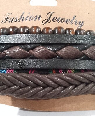 #ad Stacked Genuine Multi Strand  Leather Bracelet Adjustable 4 Bracelets  Cuff $12.00