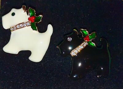 #ad PAIR OF HOLIDAY SCOTTISH TERRIER PINS BLACK amp; WHITE ENAMEL W CRYSTAL COLLARS $15.00