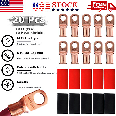 #ad 20 PCS 1 0 AWG Gauge Copper Lugs w RED amp; BLACK Heat Shrink Ring Terminals $12.99