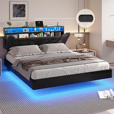 #ad Floating Bed Frame with Led Lights Upholstered Platform Hidden Storage Headboard $249.99