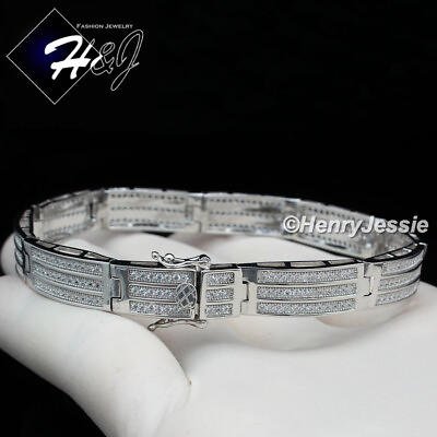 #ad 8quot;MEN SOLID 925 STERLING SILVER 8MM FULL ICY BLING CZ LINK CHAIN BRACELET*SB8 $99.99