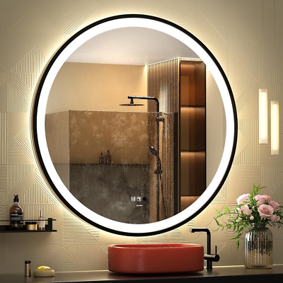 #ad LED Sensor Mirror 32 Inch round Human Body Induction Black Framed Vanity Mirro $287.86