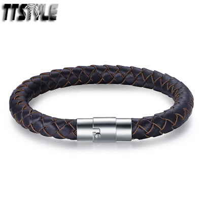 #ad TTStyle Thick Brown Leather Stainless Steel Clip On Buckle Bracelet NEW AU $19.99