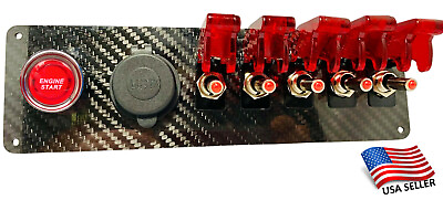 #ad 12V Real Carbon Fiber Switch Panel 5 RED Switches Push Start Dual BLUE USB Port $29.99