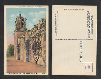 #ad 1940s TOWER AND CARVED WINDOW SAN JOSE SECOND MISSION SAN ANTONIO TEXAS POSTCARD $2.75