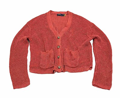 #ad Polo Ralph Lauren Cable Knit Cardigan Sweater Womens Size XS Rose Red Oversized $32.72