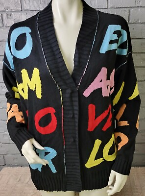 #ad Peace Love World Women#x27;s Medium Sweater Snap Front Love Jacquard Black A386003 $14.99