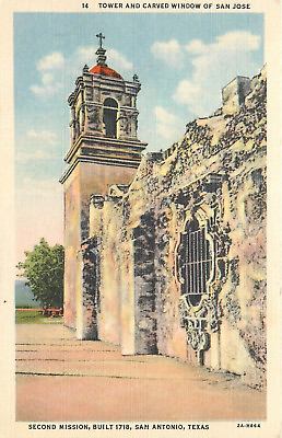 #ad Linen Postcard Tower Carved Window San Jose Mission San Antonio TX Unused B862 $4.90