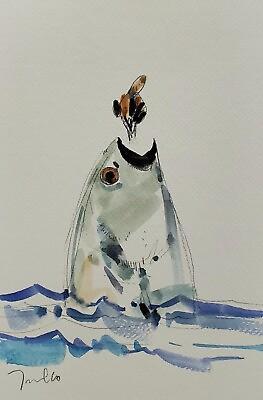 #ad JOSE TRUJILLO Original Watercolor Painting 6X9 Fish Bee Sea Ocean coa $289.00