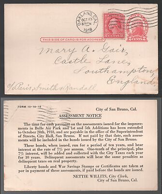 #ad 1918 USA Oakland Uprated Postal Stationery Assessment Bonds Belle Air Park GBP 1.35