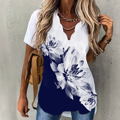 #ad Boho Womens Floral Short Sleeve V Neck T Shirts Ladies Casual Blouses Top Beach $15.24