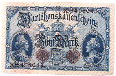 #ad 1914 Germany 5 Marks Ch AU Orig WWI Paper Money Banknote German Currency p 47 $72.00