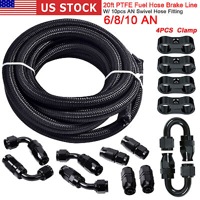 #ad 20ft Nylon Braided PTFE Fuel Line 6AN 8AN 10AN 14PCS Fittings Hose Kit for E85 $11.00