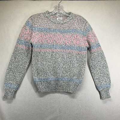 #ad Vintage Currants by Jeri Jo Bow Sweater Gray Chunky Knit Pastel Fair Isle Medium $24.99
