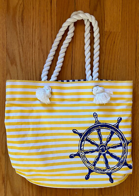 #ad Yellow White Stripe Beach Tote Bag Rope Handle Summer Nautical Large GUC $8.97